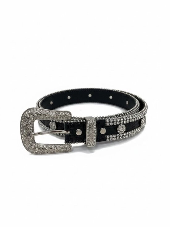Black Genuine Leather Rhinestone Western Belt | Silver Buckle Bling Belt
